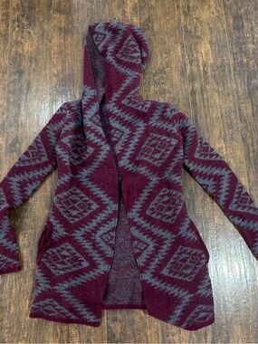 Horny Toad Burgundy and Gray Aztec Hooded Open-Front Cardigan